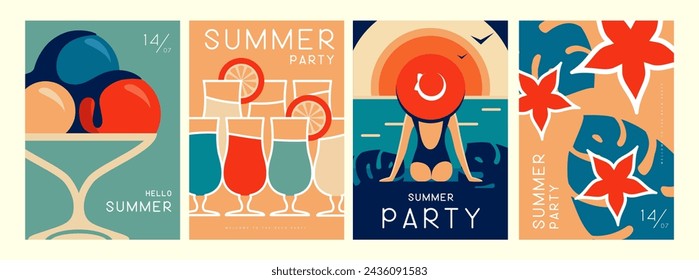 Conjunto de carteles de verano retro con atributos de verano. Silueta de cóctel, amanecer de tequila, helado, hojas tropicales y chica en la playa. Ilustración de vector