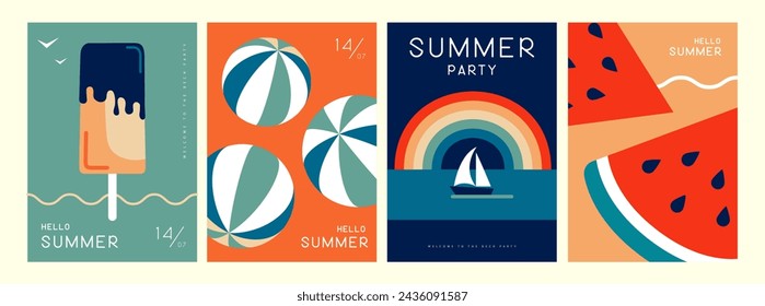 Set of retro summer posters with summer attributes. Ice cream, beach ball, watermelon, rainbow and ship. Vector illustration