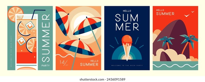 Set of retro summer posters with summer attributes. Cocktail silhouette, tequila sunrise, beach umbrella, ice cream and tropic island. Vector illustration