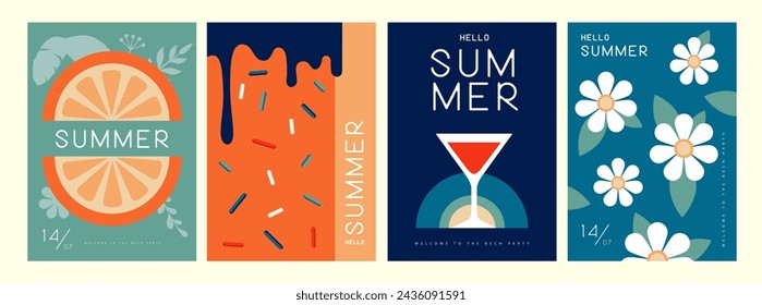 Set of retro summer posters with summer attributes. Cocktail cosmopolitan silhouette, chamomile, ice cream, tropic leaves and orange. Vector illustration