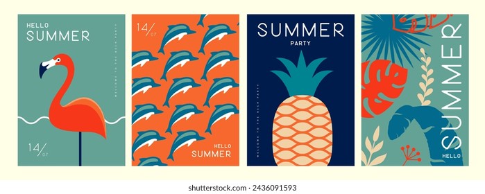 Conjunto de carteles de verano retro con atributos de verano. Silueta flamenca, delfines, piña, fondo de hojas tropicales. Ilustración de vector