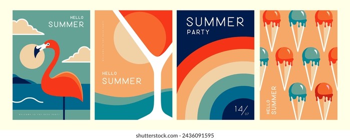 Conjunto de carteles de verano retro con atributos de verano. Cóctel de silueta cosmopolita, flamenco, helado y arco iris. Ilustración de vector