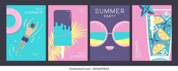 Conjunto de carteles de verano retro con atributos de verano. Cóctel de mojito, gafas de sol, helado, anillo de natación y hombre de natación. Ilustración de vector