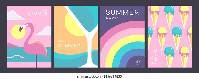 Set of retro summer posters with summer attributes. Cocktail cosmopolitan silhouette, flamingo, ice cream and rainbow. Vector illustration