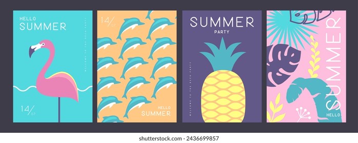 Set of retro summer posters with summer attributes. Flamingo silhouette, dolphins, pineapple, tropic leaves background. Vector illustration