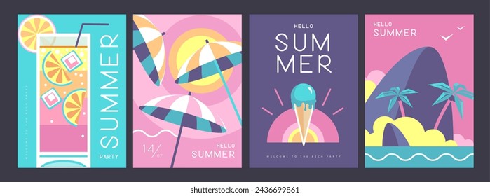 Set of retro summer posters with summer attributes. Cocktail silhouette, tequila sunrise, beach umbrella, ice cream and tropic island. Vector illustration