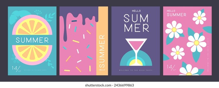 Set of retro summer posters with summer attributes. Cocktail cosmopolitan silhouette, chamomile, ice cream, tropic leaves and orange. Vector illustration