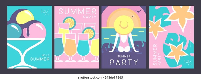 Conjunto de carteles de verano retro con atributos de verano. Silueta de cóctel, amanecer de tequila, helado, hojas tropicales y chica en la playa. Ilustración de vector