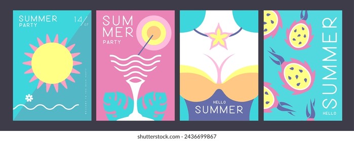Set of retro summer posters with summer attributes. Cocktail silhouette, flamingo, girl in swimsuit and dolphin silhouette. Vector illustration