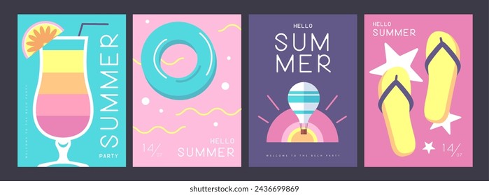 Conjunto de carteles de verano retro con atributos de verano. Silueta de cóctel, amanecer de tequila, globo aerostático, anillo de natación y chanclas. Ilustración de vector