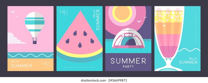 Conjunto de carteles de verano retro con atributos de verano. Silueta de cóctel, amanecer de tequila, globo aerostático, sandía y campamento. Ilustración de vector