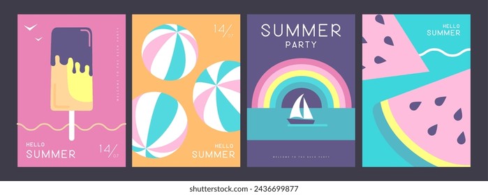 Set von Retro-Sommerplakaten mit Sommerattributen. Eis, Strandball, Wassermelone, Regenbogen und Schiff. Vektorgrafik