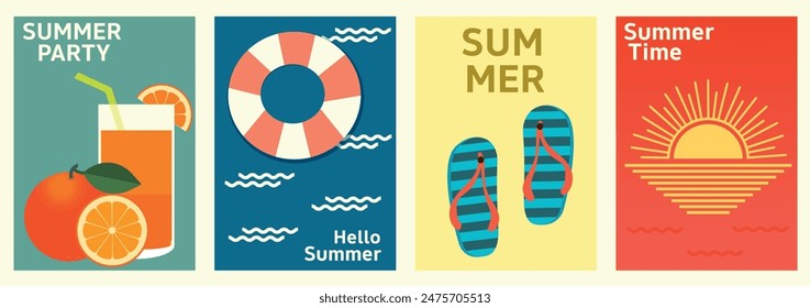 Conjunto de carteles de verano retro. Cóctel, helado, salida del sol de tequila, hojas tropicales y chica en la playa. Vacaciones de verano, viaje, ilustraciones de vacaciones. Plantilla de Anuncio, cubierta, tarjeta.