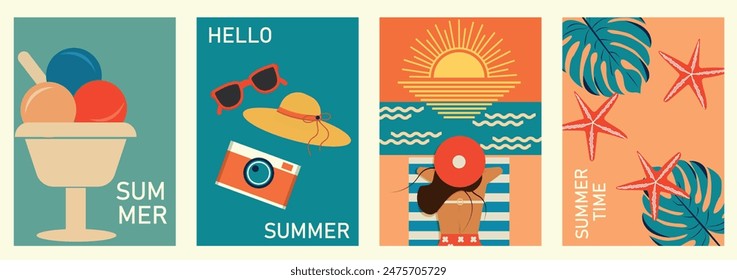 Conjunto de carteles de verano retro. Cóctel, helado, salida del sol de tequila, hojas tropicales y chica en la playa. Vacaciones de verano, viaje, ilustraciones de vacaciones. Plantilla de Anuncio, cubierta, tarjeta.