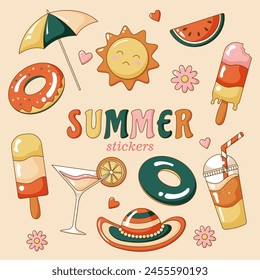 Set of retro summer stickers. Ice cream, popsicle, rubber ring, sun umbrella, coctail, slush, fizzy drink, sun, watermelon, hat. Beach theme. Bright icons in vintage color palette