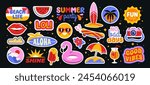 Set of retro summer stickers. Vintage groovy badges with cocktail, palm tree, beach, surfer board and summer party or vacation elements. Cartoon flat vector collection isolated on black background