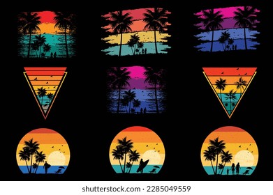 Conjunto de diseño de camisetas de verano retro vectorial, colección de puesta de sol de época 
