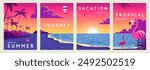 Set of retro summer travel posters with tropical landsape, ocean waves, beach, palm trees and flamingo. Vector illustration