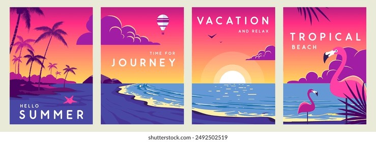 Set of retro summer travel posters with tropical landsape, ocean waves, beach, palm trees and flamingo. Vector illustration