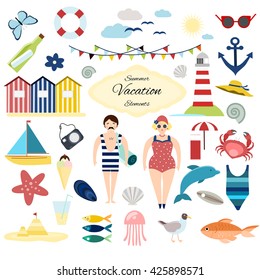 Set of retro summer vacation elements, Summer web icons. Vintage graphic objects. Flat design. Isolated vector illustrations