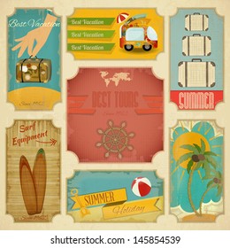 Set of Retro Summer Vacation Labels in Vintage Style. Vector Illustration.