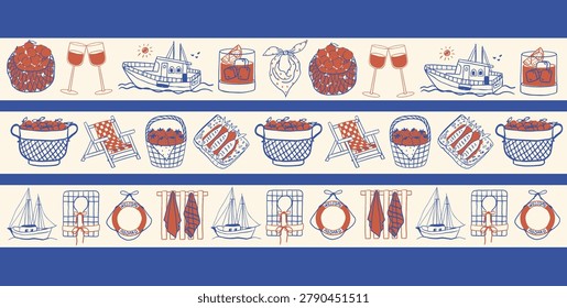 Set of retro summer vacation seamless border patterns with boat, yacht  and chair, towel, fruit, and wine. Nautical line art elements in vintage coastal style.