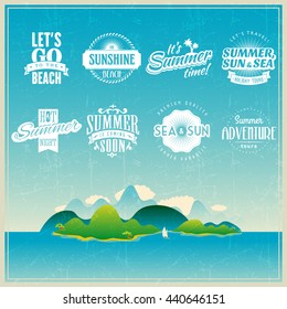 set of retro summer vacation tourism logo labels for vintage design of travel agency on tropic ocean background tour drive vacation summer nature group palm travel isolated surfing party season aquati