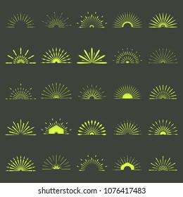 Set of Retro Sun burst shapes. 25 Half Vintage logo. Vector design element isolated. Minimal Gold firework burst.
