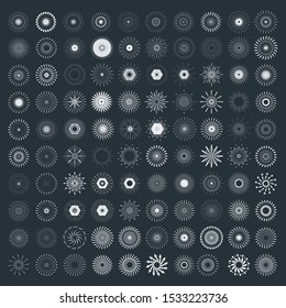 Set of Retro Sun Burst Shapes. 100 Vintage logo, labels, badges. Vector design element isolated. Minimal black firework burst.