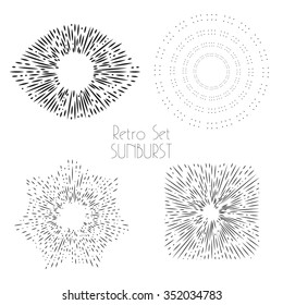 Set of retro sun burst shapes. Different shapes, identity label, vintage logo, badges Sun ray frames, vector design elements.