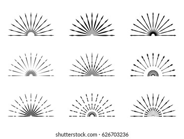 Set of Retro Sun burst shapes. Vintage logo, labels, badges. Vector design elements isolated. Minimal black firework burst.