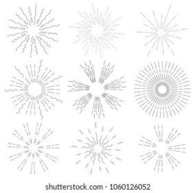 Set of Retro sun rays. Vintage logo, labels, badges. The explosion of fireworks. Vector design elements isolated on white background.