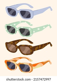 Set of retro sunglasses. Cute 80s, 90s, 00s retro style trendy accessories. Y2k aesthetic. Cartoon, flat design, vector illustration. 