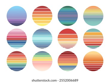 Set of retro sunset and sunrise with colorful background.