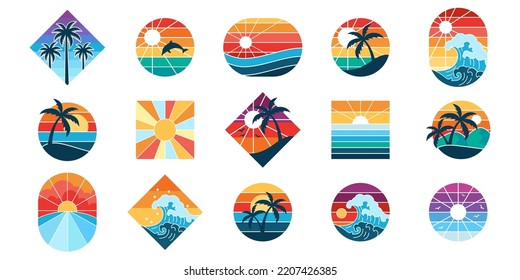 Set of retro sunsets in 80s and 90s style. Abstract sun at beach background with sunny gradient and silhouettes of palm trees. Template for logo, badges. Vector illustration