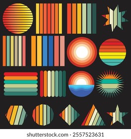 Set of retro sunsets in 80s and 90s style with round vector and t-shirt design
