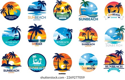 Set of retro sunsets. Abstract background with a sunny gradient. Silhouettes of palm trees. Vector design template for logo, badges. Isolated white background.