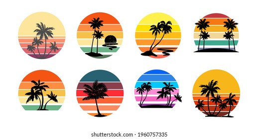 Set retro sunsets in the style the 80s   90s  Abstract background and sunny gradient  Silhouettes palm trees  Vector design template for logo  badges  Isolated white background 