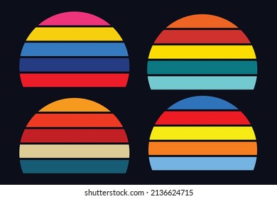 Set of retro sunsets in the style of the 80s and 90s. Abstract background with a sunny gradient. Silhouettes of palm trees. Vector design