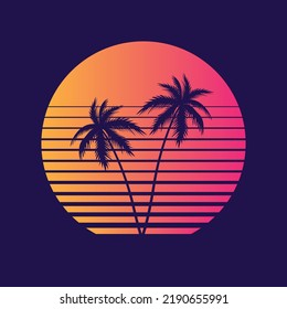 Set of retro sunsets in the style of the 80s and 90s. Abstract background with a sunny gradient. Silhouettes of palm trees. Vector design template for logo, badges. Isolated white background.