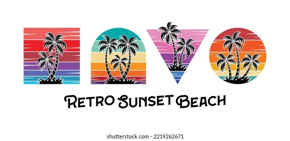 Set of retro sunsets in the style of the 80s and 90s. Abstract background with a sunny gradient. Silhouettes of palm trees. Vector design template for logo, badges. Isolated white background.