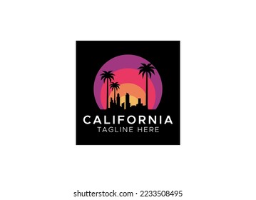 Set of retro sunsets in the style of the 80s and 90s. Abstract background with a sunny gradient. Silhouettes of palm trees. Vector design template for logo, badges