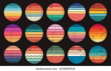 Set of retro sunsets in the style of the 80s and 90s.