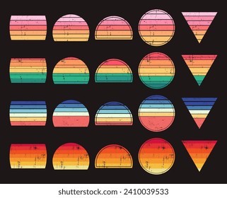 Set of retro sunsets in the style of the 80s and 90s.