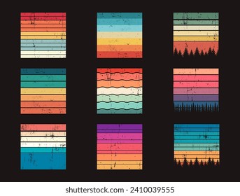 Set of retro sunsets in the style of the 80s and 90s.