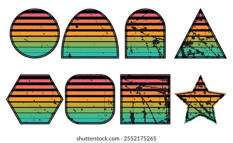 Set of retro sunsets in the style of the 80s and 90s. Retro Sunset Retrowave Backgrounds Art Bundle. Horizontal Sunsets with Grunge Textures.