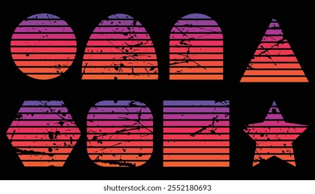 Set of retro sunsets in the style of the 80s and 90s. Retro Sunset Retrowave Backgrounds Art Bundle. Horizontal Sunsets with Grunge Textures.