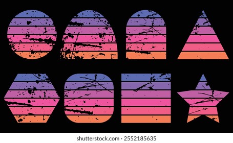 Set of retro sunsets in the style of the 80s and 90s. Retro Sunset Retrowave Backgrounds Art Bundle. Horizontal Sunsets with Grunge Textures.