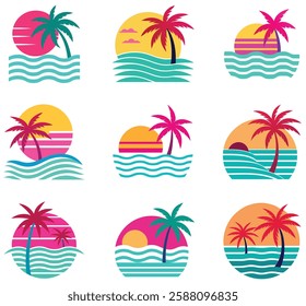 Set of retro sunsets in the style of the 80s and 90s. Abstract background with a sunny gradient. Silhouettes of palm trees. Vector design template for logo, badges. Isolated white background.