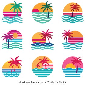 Set of retro sunsets in the style of the 80s and 90s. Abstract background with a sunny gradient. Silhouettes of palm trees. Vector design template for logo, badges. Isolated white background.